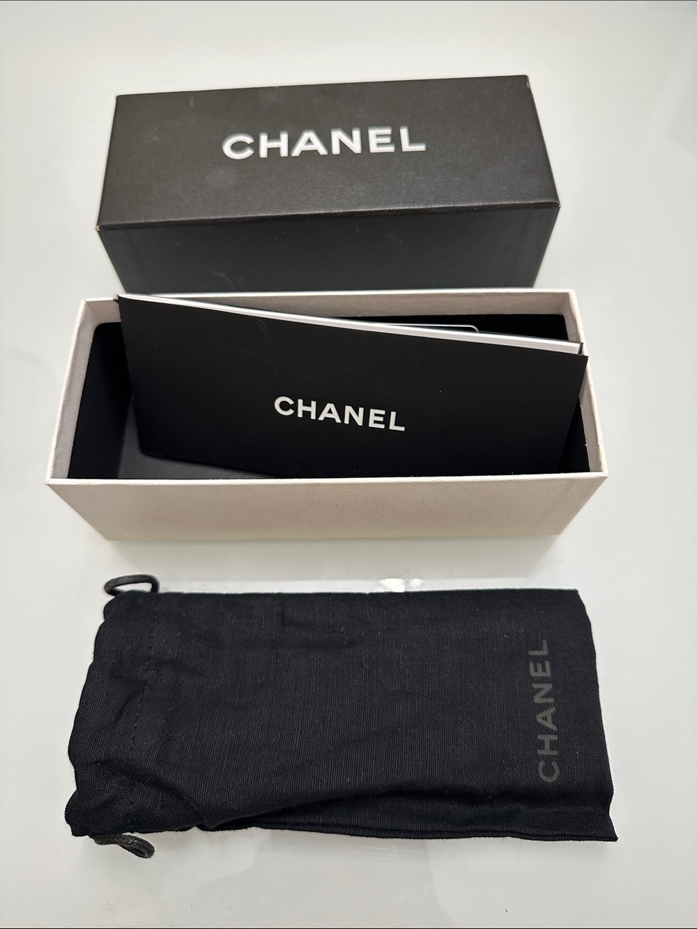 CHANEL Black and White Branded Box with Black Drawstring Glasses Pouch